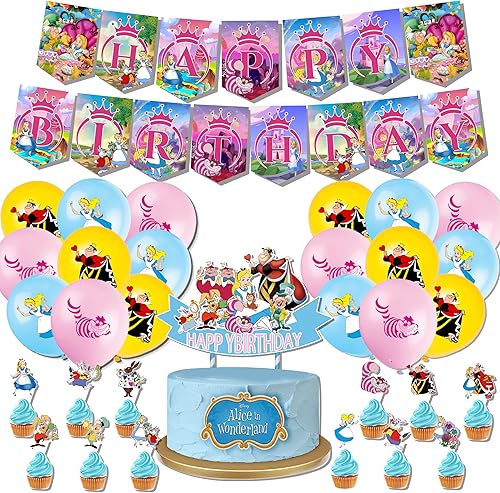 Decoración de fiesta de cumpleaños de Alicia en el país de las maravillas incluye pancarta de feliz cumpleaños de Alicia adornos de pasteles adornos