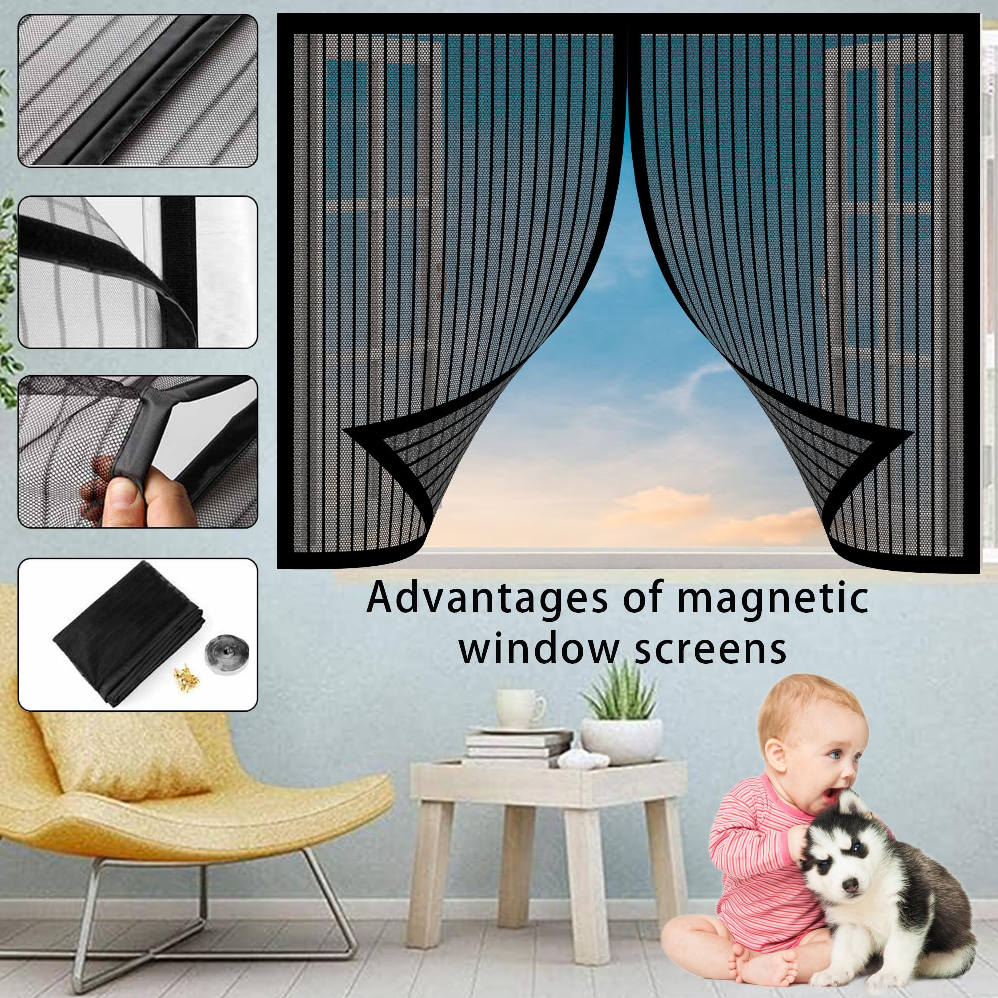 Zanzariera per Finestra Roulotte 241 x 145 cm Zanzariera Magnetica Adesivo Anti Zanzare Insetti per Porte Finestre per Cortile Camera, Bianco