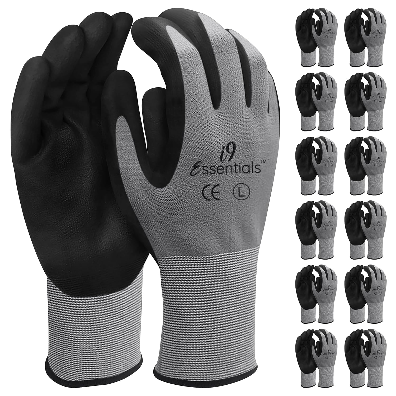 I9 Essentials Safety Work Gloves  12 Pairs MicroFoam Nitrile Coated, Seamless Knit Nylon, Durable Grip & Comfort for Men & Women, Construction, Gardening, Home Improvement