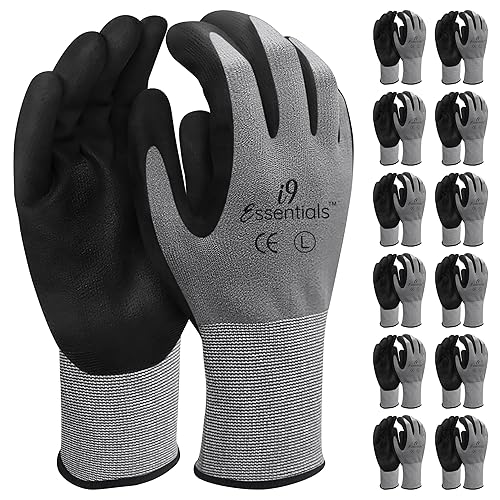I9 Essentials Guantes de trabajo de seguridad  12 pares de microespuma con revestimiento de nitrilo y nailon de punto sin costuras, agarre duradero