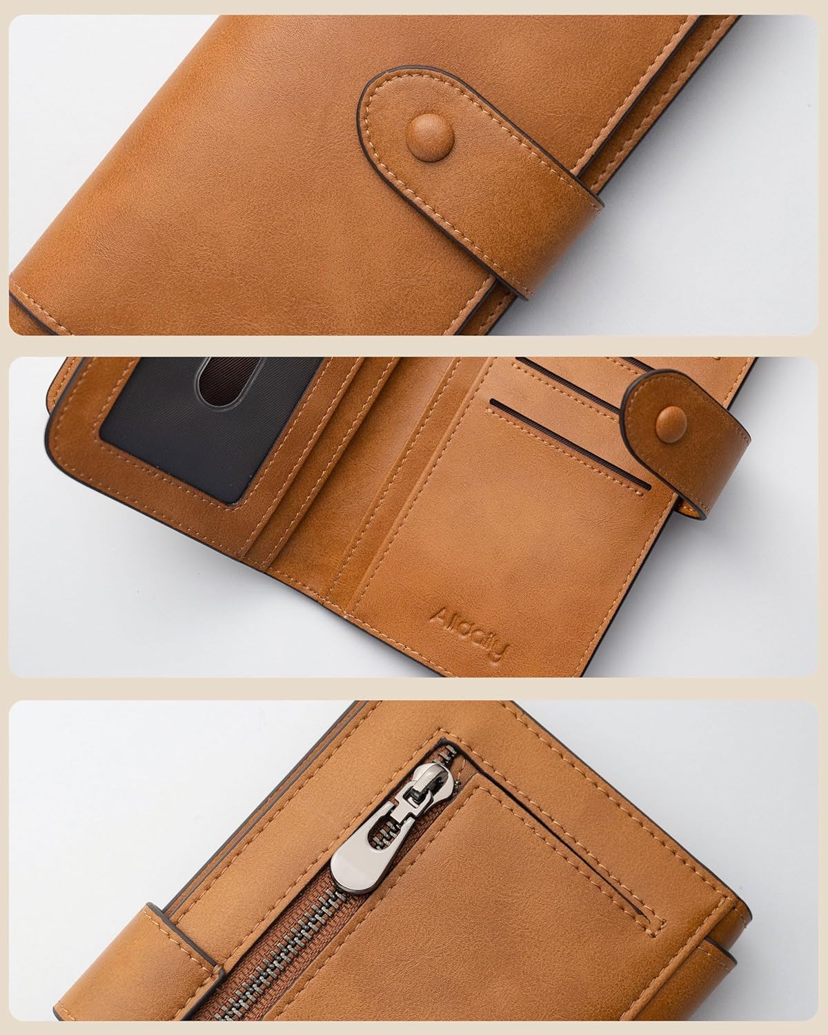 RFID Blocking Leather Wallet for Women, Slim Trifold with 14 Card Slots and Zipper Pocket (Brown) - Image 6