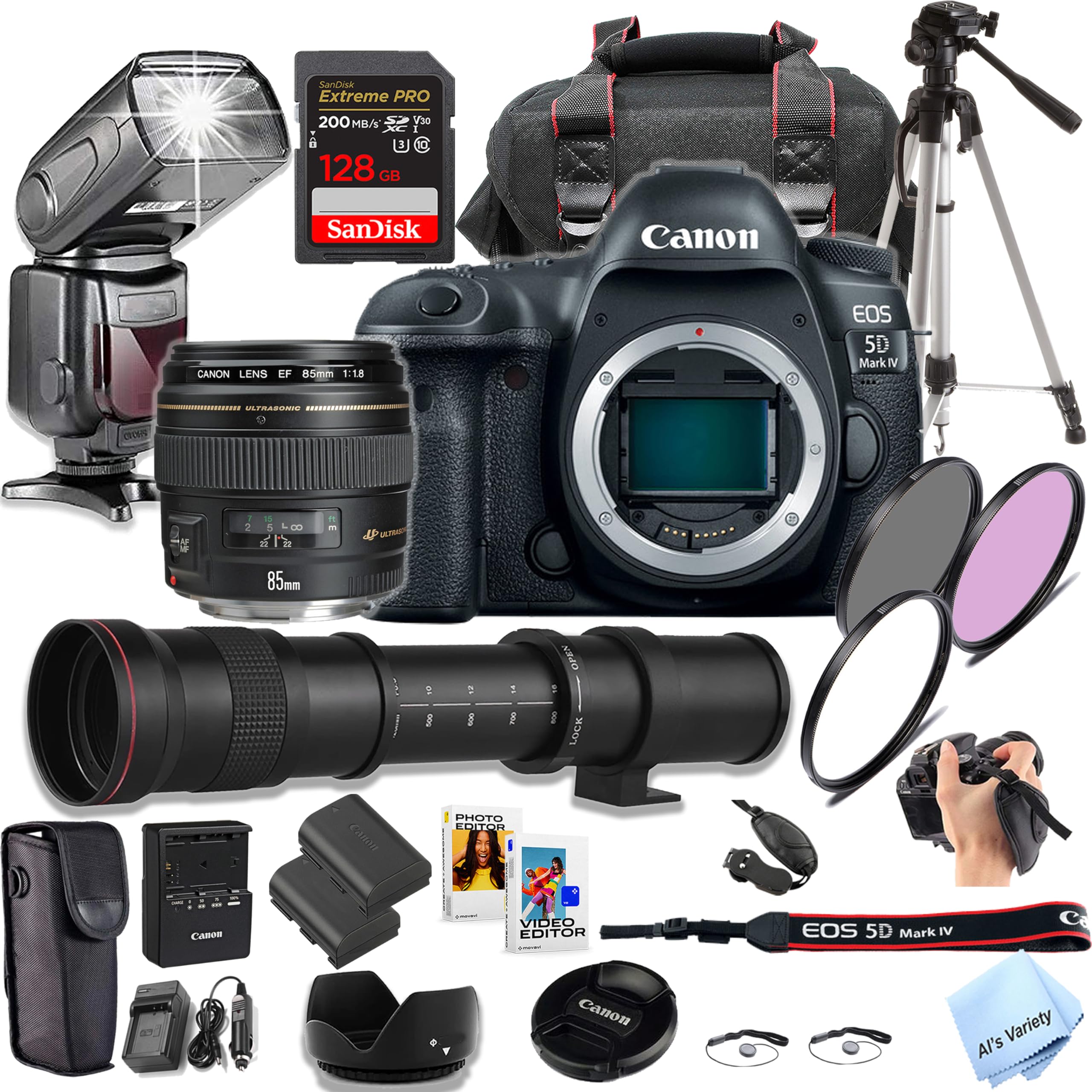Canon EOS 5D Mark IV DSLR Camera with 85mm f/1.8 USM Lens + 420-800mm Lens + TTL Speed Light Flash + 128GB Extreme Speed Memory, Filters, Case, Tripod + More (Pro Photo Bundle) (Renewed)