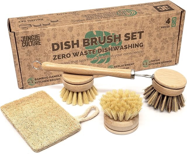 Jungle Culture Premium Washing Up Brushes & Loofah Scourer  Eco Dish Brush Set  Long Handle Bamboo Brush with 3 Replacement Heads  Eco Friendly Dishwashing  Wooden Kitchen Brush Pans Plates Dishes