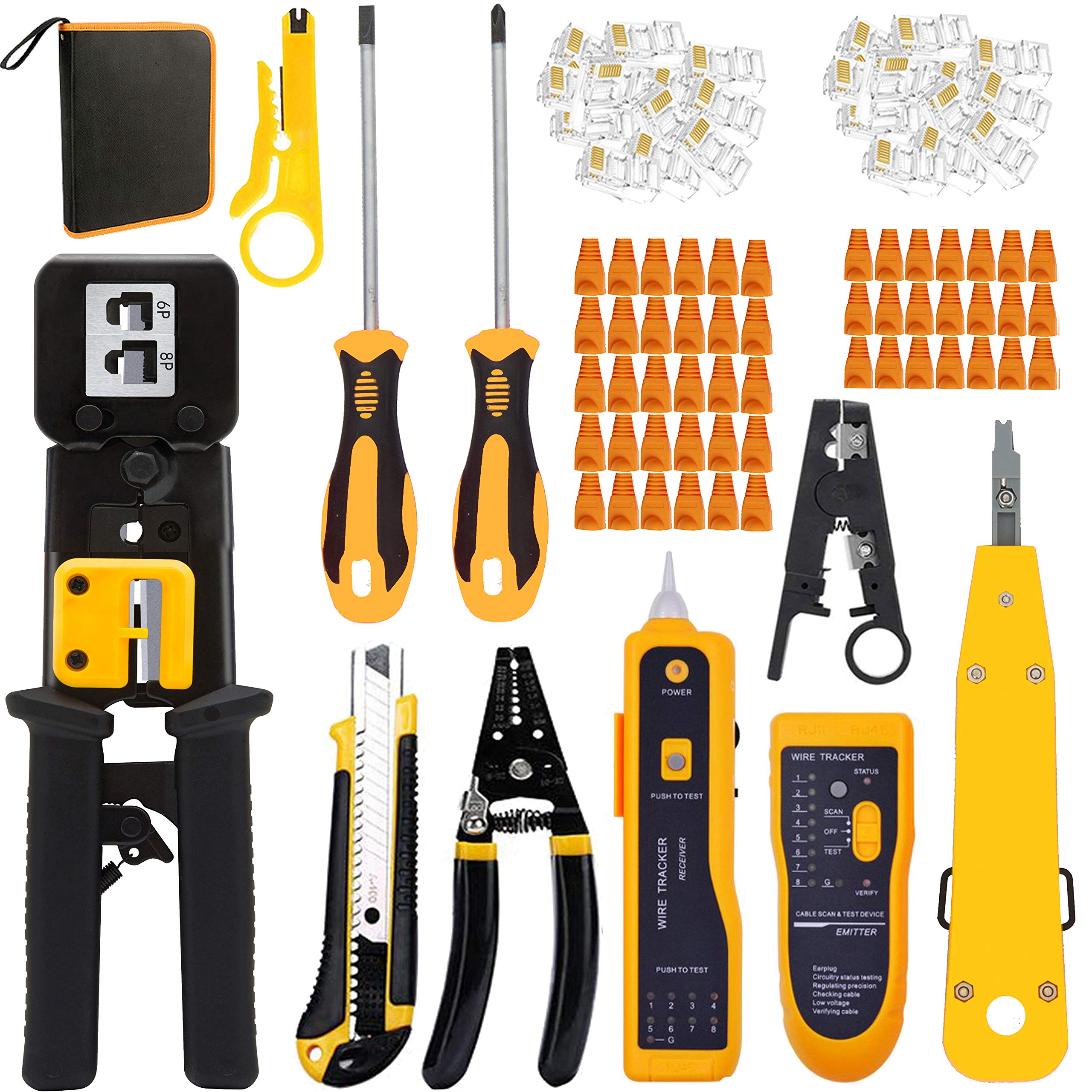 LEATBUY RJ45 Crimper Kit CAT5 CAT6 Crimping Tool Set for Pass Through with 50PCS Crimp Connectors, 50PCS Covers Network Wire Stripper Kit Punch Down