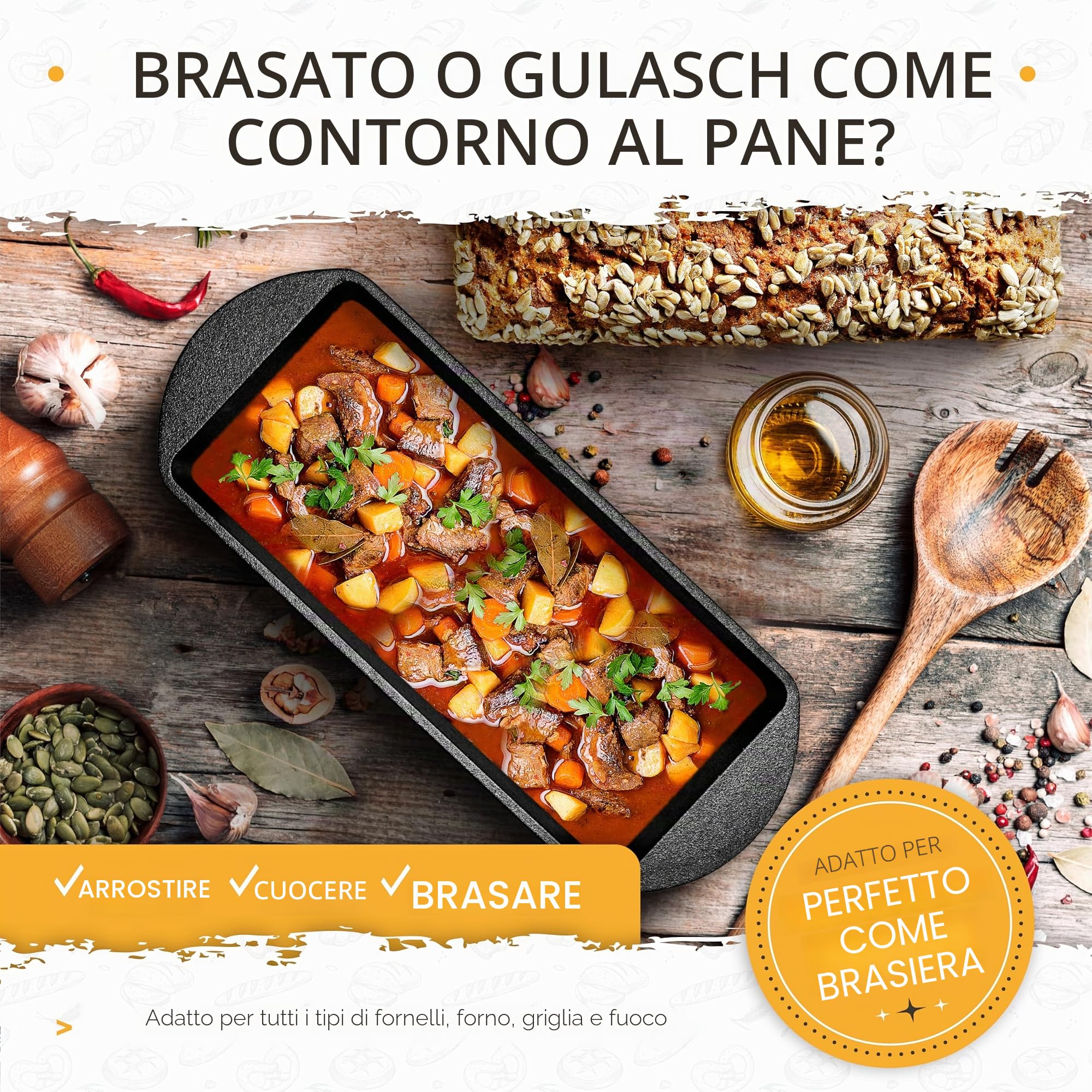 KRUSTENZAUBER Stampo per pane con coperchio incluso cestello per lievitazione - Robusta teglia da 28 cm in ghisa - Ideale come stampo per casse, stampo per pane tostato, forma per pane, accessorio per