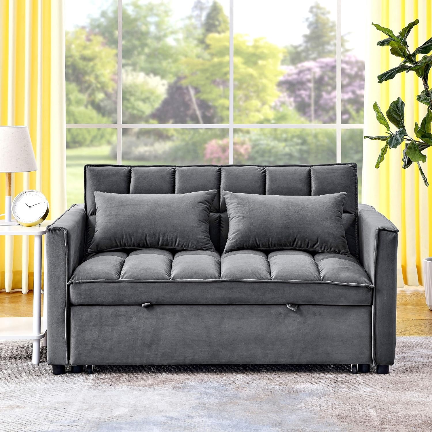 Convertible Sleeper Sofa Bed Futon Couch Velvet Fabric Pull Out 2-seat (Grey)