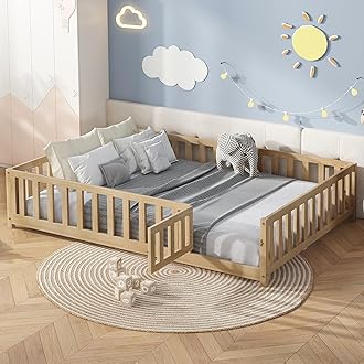 Bellemave Floor Bed Full Size Montessori Bed Frame with Fence and Door, Wooden Full Platform Bed for Kids, Boys Girls, Solid Wood Full Bed, No Box Spring Needed,Natural
