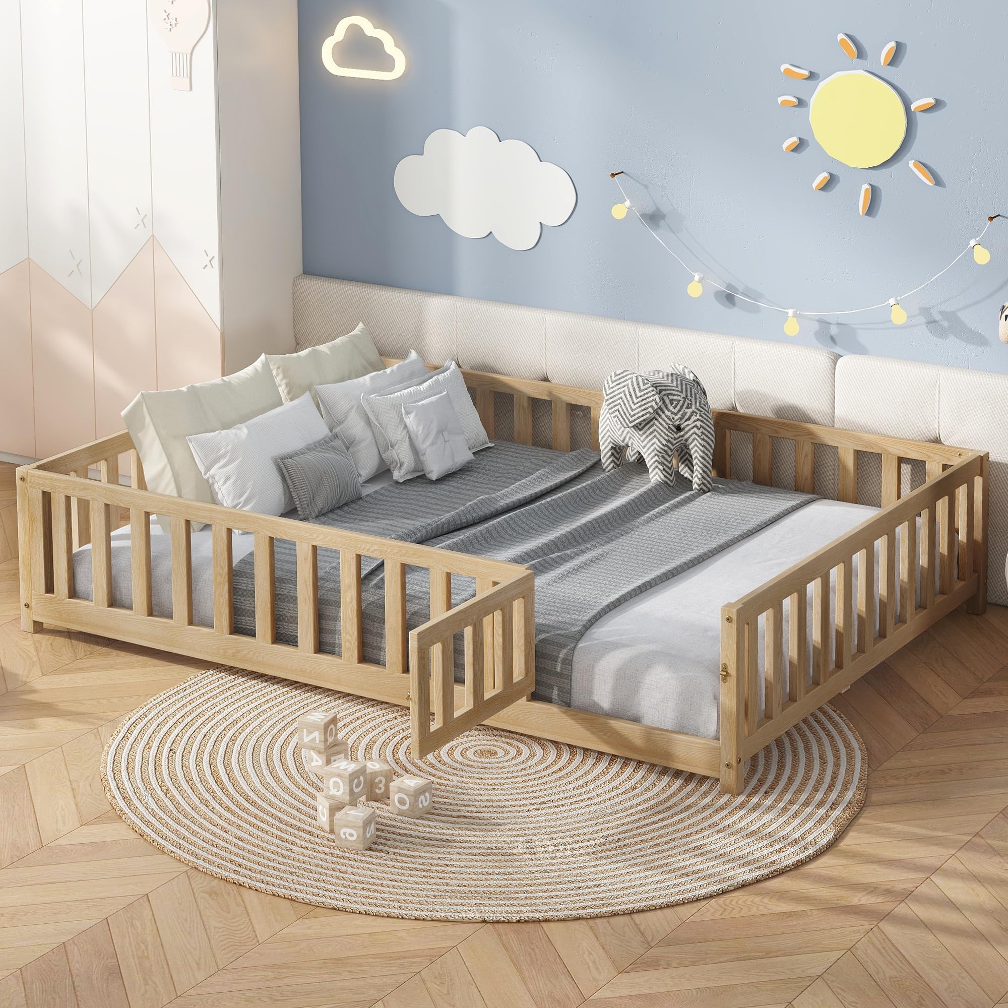 Bellemave Floor Bed Full Size Montessori Bed Frame with Fence and Door, Wooden Full Platform Bed for Kids, Boys Girls, Solid Wood Full Bed, No Box Spring Needed,Natural