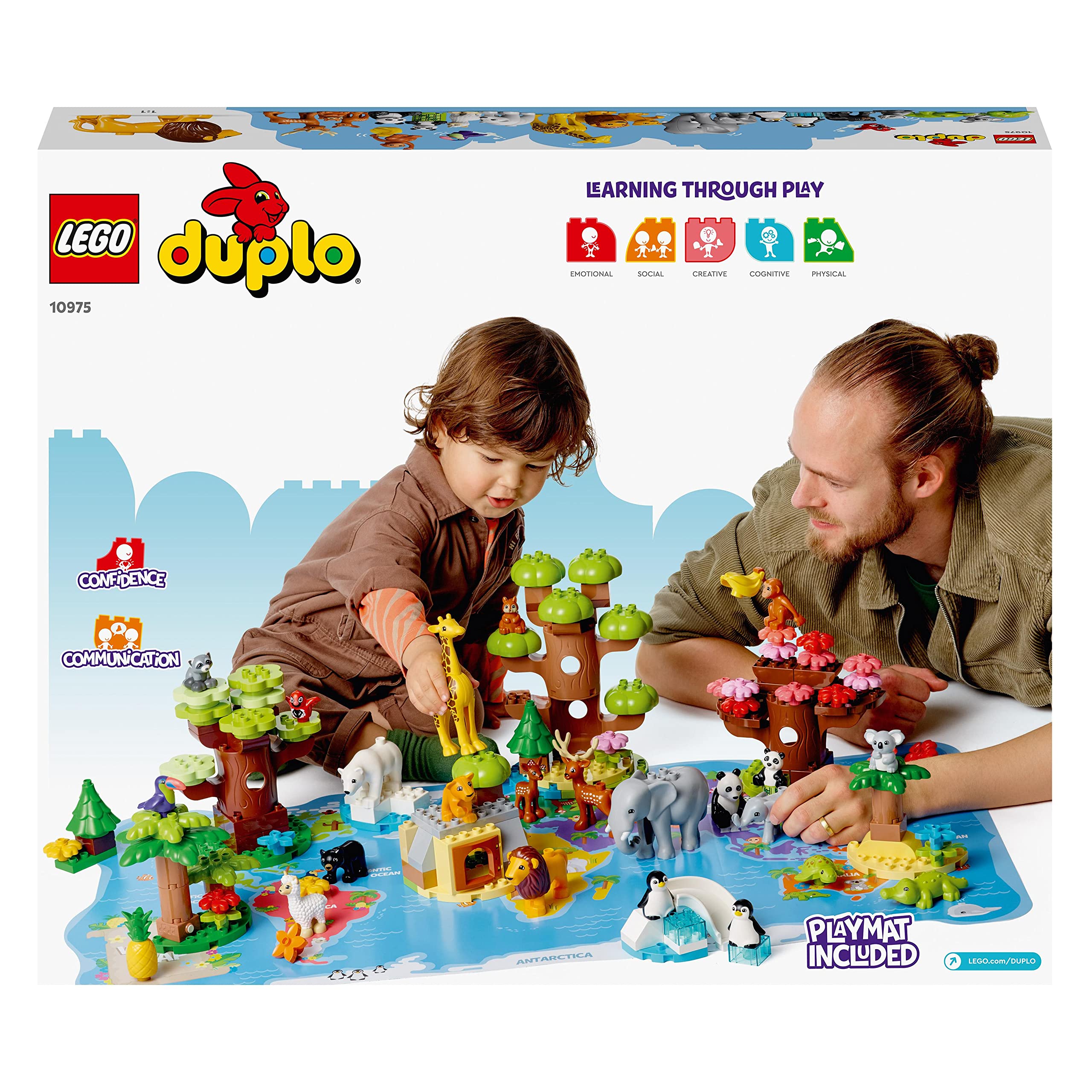 LEGO DUPLO Animali del Mondo, Giochi Educativi per Bambini e Bambine con 22 Figure di Animali Giocattolo e Mattoncino con Suoni Realistici, Idee Regalo di Compleanno con Tappetino da Gioco 10975