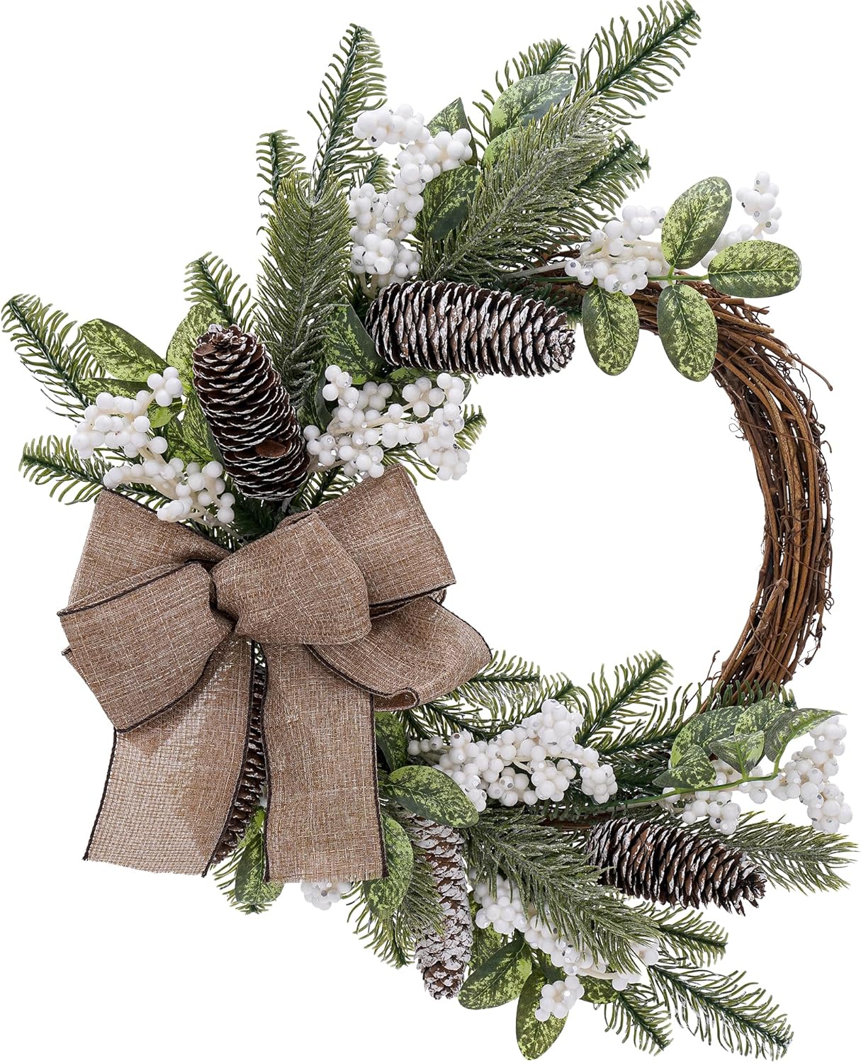 Winter Norfolk Pine Christmas Wreath - 15 Inch Artificial Grapevine Cottagecore Wreath with Pinecones, White Berries, Bow for Xmas Holiday Home Outdoor Wall Window Decoration