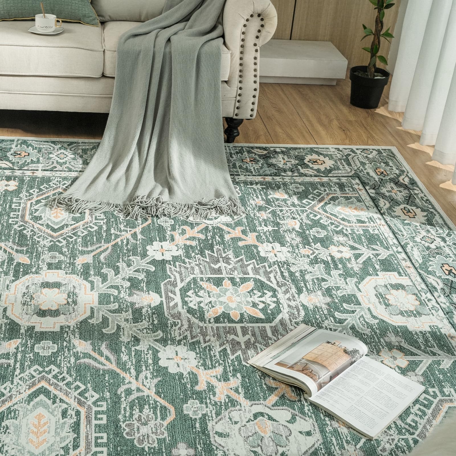 OMERAI Washable Rugs 5x7,Machine Washable Area Rugs in Vintage Persian Design Anti Slip Backing Washable Rug for Living Room, Bedroom, Home Decor, Green Washable Rug