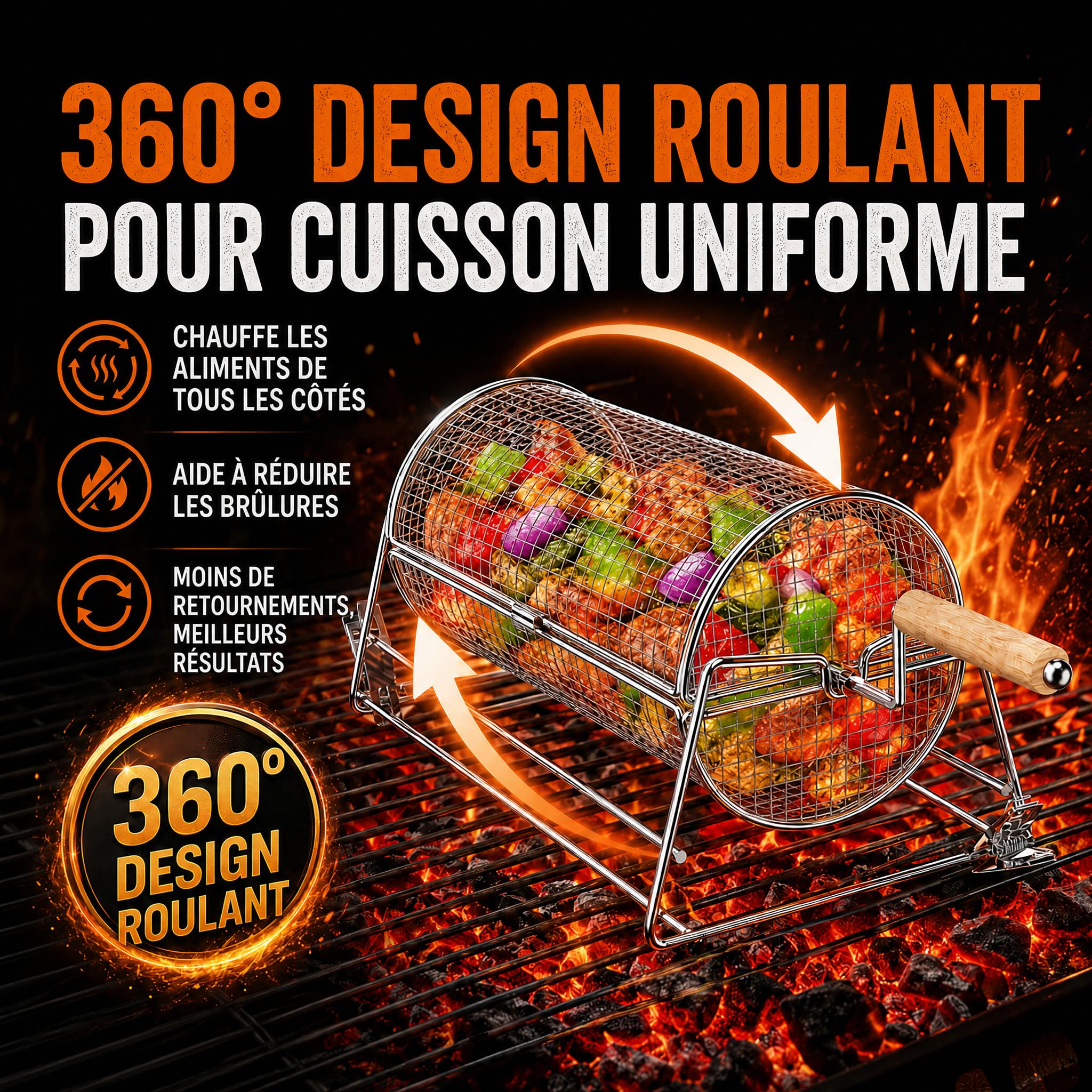 2-en-1 Panier à Barbecue Roulant Rotatif, Inoxydable 304 avec Poignées Détachables Doubles Manivelle et Droite, Accessoires BBQ pour Légumes Crevettes, Cadeau Idée Homme Papa Mari Anniversaire