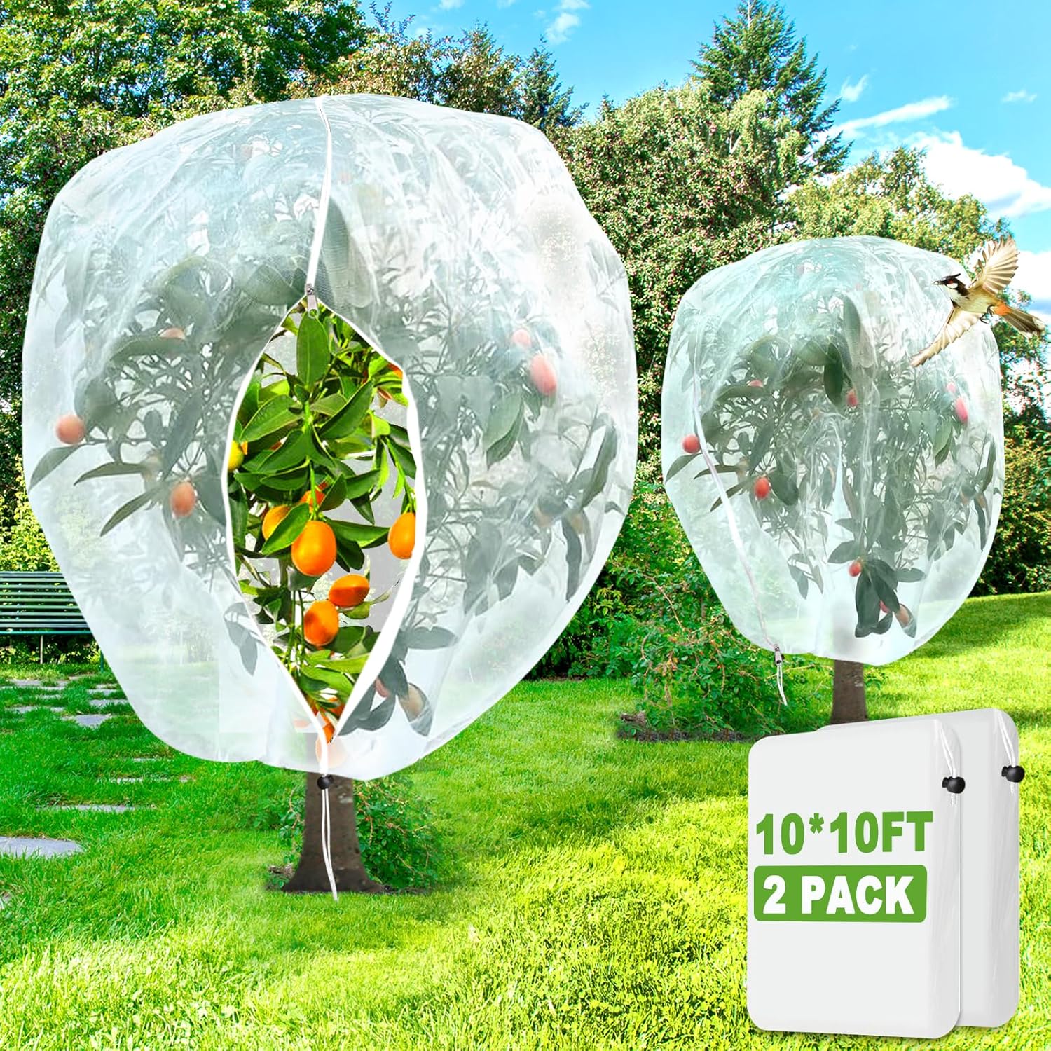 Fruit Tree Netting 10x10 Ft 2 Pack,Garden Netting for Blueberry Bushes,Vegetables,Flowers,Bird Netting Pest Barrier with Drawstring Zipper 10x10 FT 2PACK