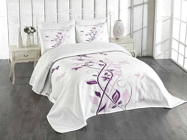 ABAKUHAUS Purple Bedspread Set, Violet Tree Blossoms, Decorative Quilted 2 Piece Coverlet Set with Pillow Sham, Purple White
