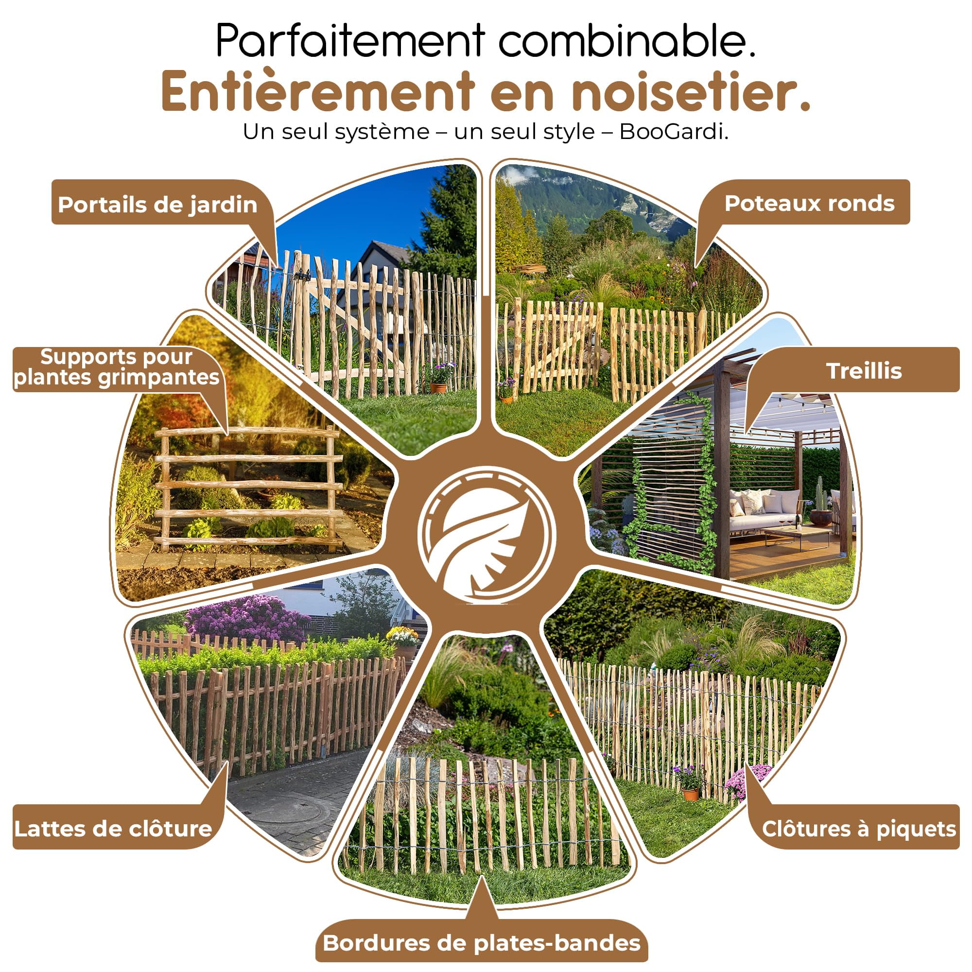 BOOGARDI Portillon de jardin en bois DIY, portail ganivelle en 168 dimensions, 1 vantail ou 2 vantaux, largeur 300 cm x hauteur 120 cm, espacement 7-9 cm