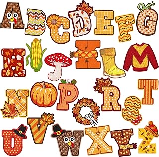 Whaline 26 Pcs Fall Thanksgiving Iron-On Sew-On Patches Cartoon A to Z Letter Iron Patch Stickers Cute Alphabets Embroidered Cloth Patch Decals for Autumn Holidays Clothing Fabric DIY Craft Decor
