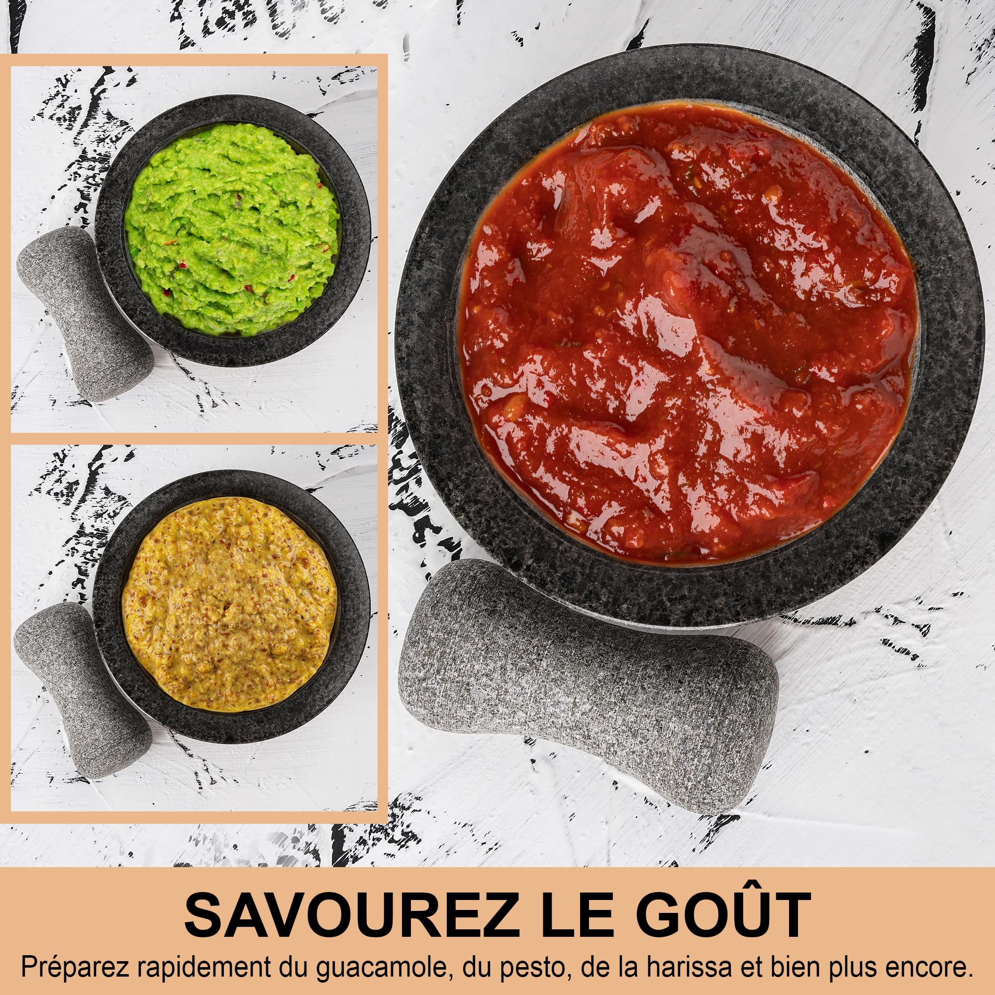 Tortillada - XXL Ensemble mortier et pilon de 16 cm en granit naturel avec base en bois anti-rayures Moulin à épices et à herbes en granit Broyeur de pilules avec 50 recettes, Noir