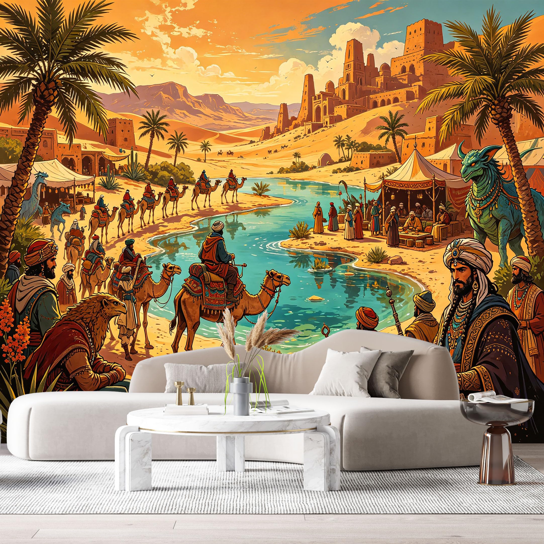 Custom Size Wall Murals Desert Oasis Arabian Ancient City Oil Painting Camels Palm Trees SelfAdhesive Wall Fabric Removable Large Wallpaper for Photo Living Room