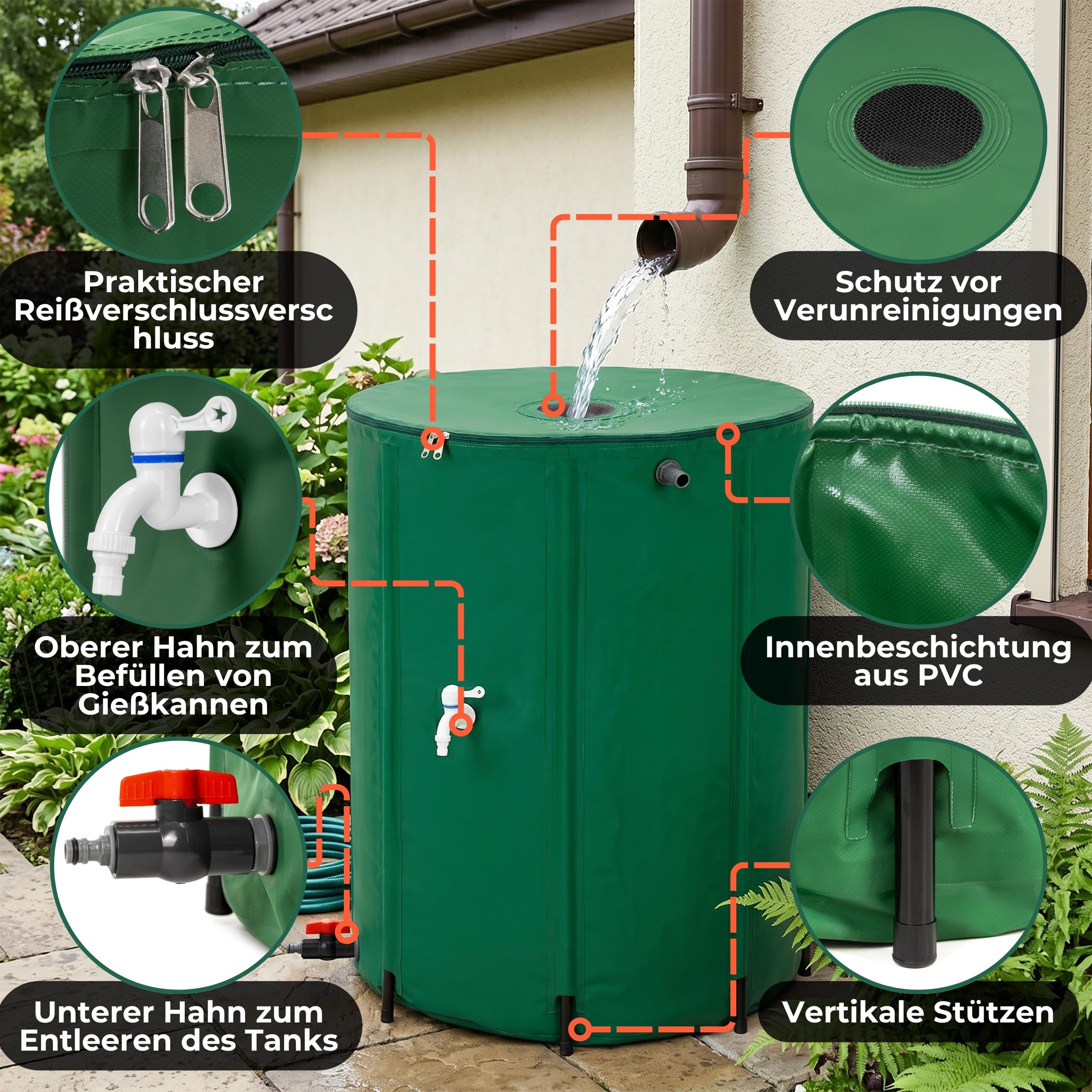 Springos 500L Regenwassertank Garten Wasserspeicher PVC 1000D Faltbare Regentonne mit 8 Stützstreben Doppelhahn Überlaufschutz Verstärkter Rand Regenfass Wassersammler Bewässerung Springos