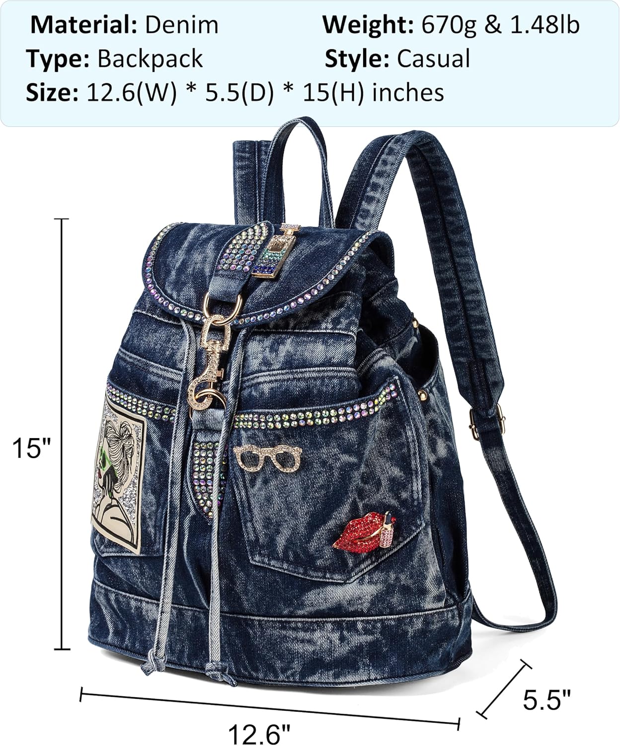 Fashion Denim Backpack Purse for Women Jean Bags With Rhinestones Decorations Casual Daypacks (With Beach Glasses Blue) - Image 2