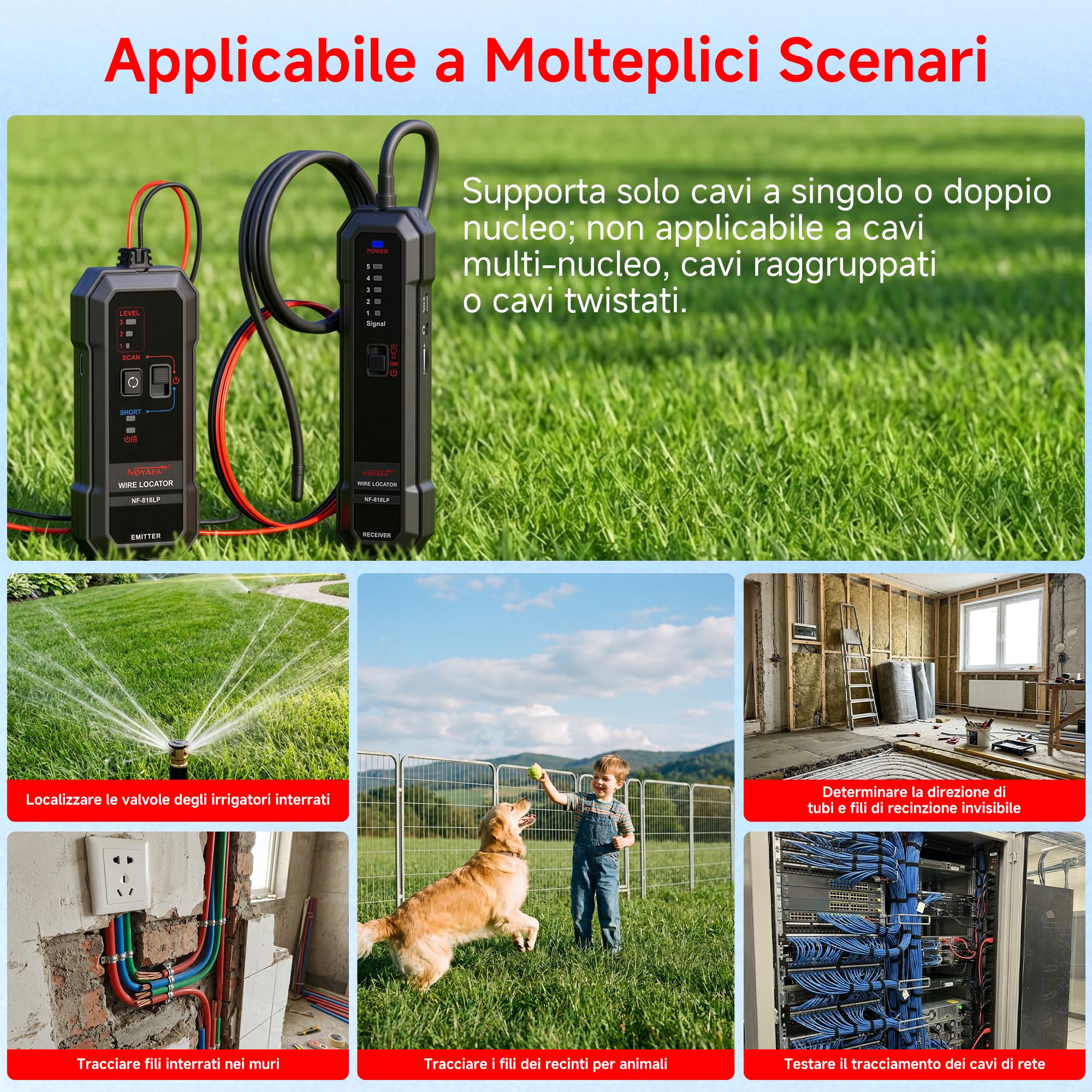 NOYAFA NF-818LP Localizzatore di Cavi Sotterranei – Rilevatore di Interruzioni e Cortocircuiti per Cavi a Parete e Interrati, Tracciatore di Fili per Recinzioni Elettroniche, Reti e Irrigazione