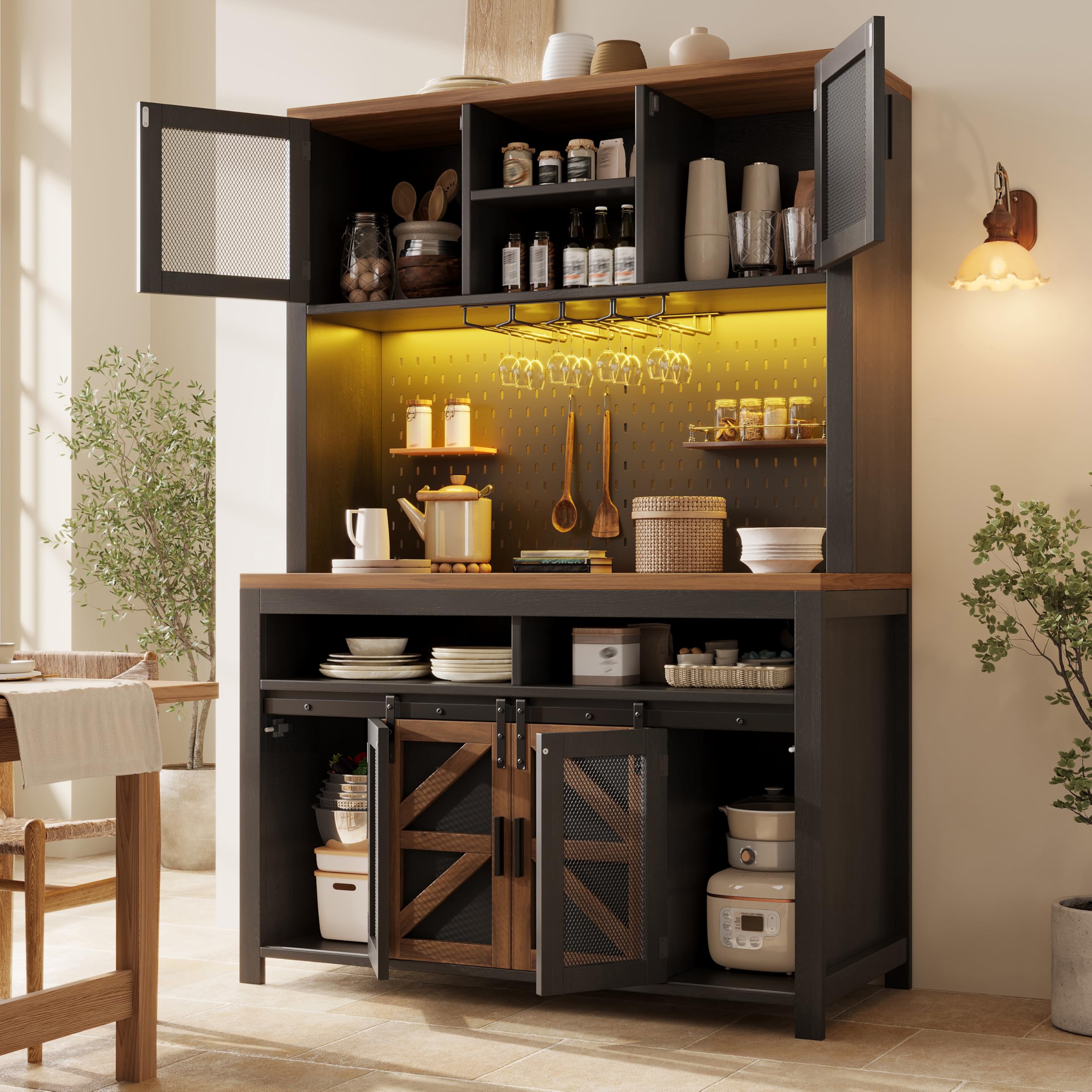 Buffet de Cuisine Haut 174,5 cm avec Plan de Travail, LED RGB, USB et Prise Intégrée, Panneau Perforé, Portes Coulissantes et Rangements Multifonctions, Noir-1