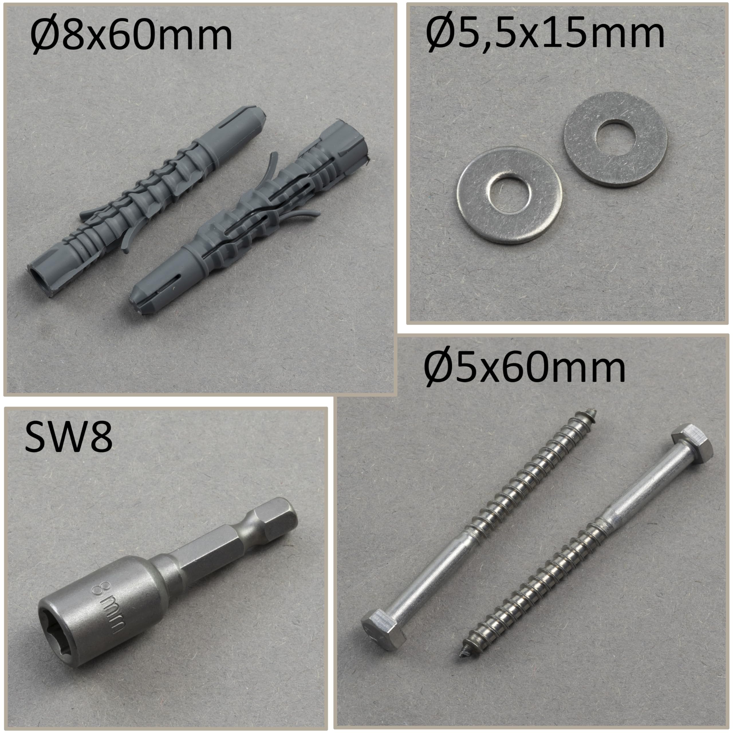 AERZETIX - Kit di 8 tasselli in nylon Ø8x60 mm + 8 viti tirafondo Ø5x60 mm inossidabile A2 + 8 rondelle larghe A2 per vite M5 + 1 bussola esagonale interna 1/4" SW8