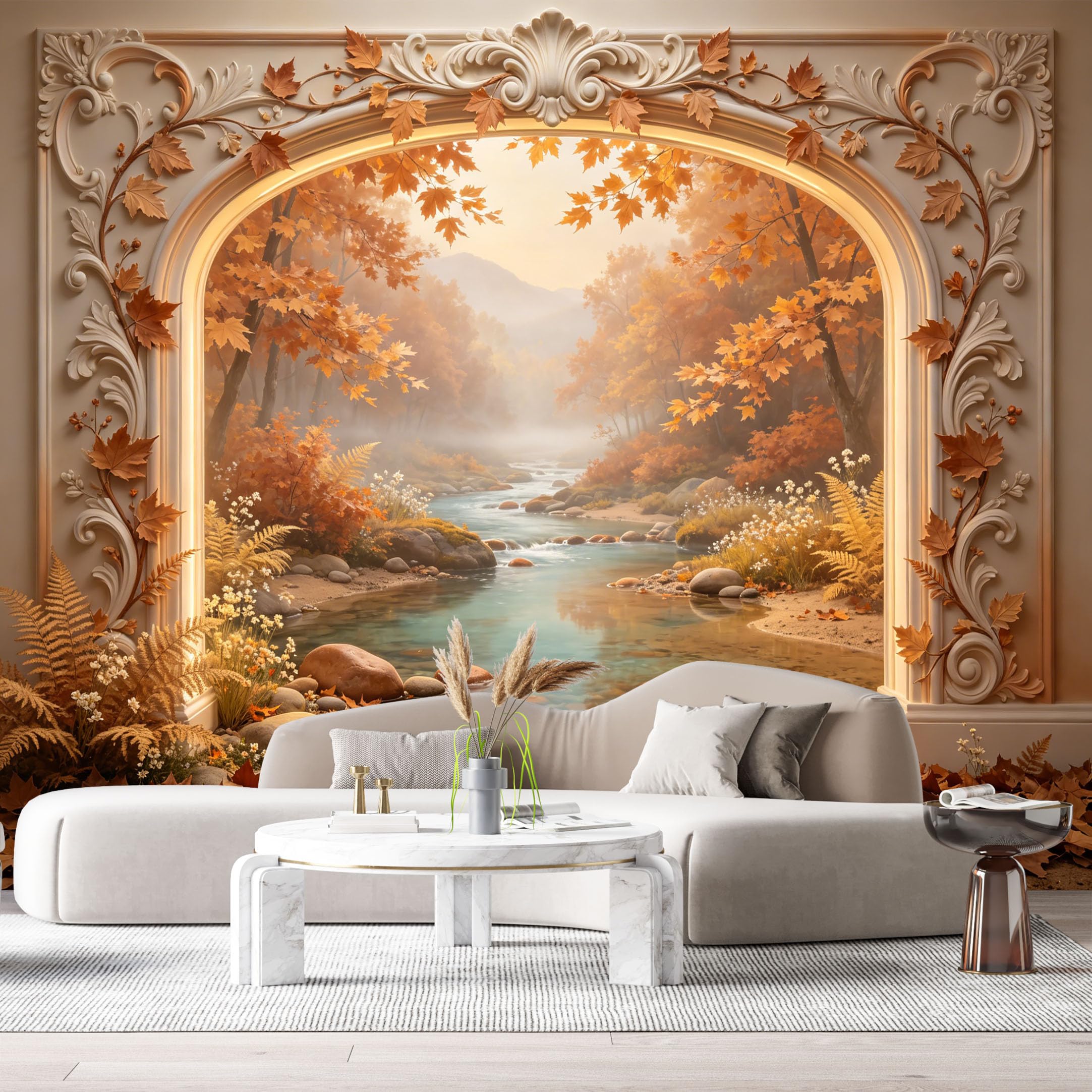 Custom Size Wall Murals Autumn Forest River Landscape 3D Trompe L'Oeil SelfAdhesiveWall Fabric Removable Wallpaper Wall Decor for Living Room Bedroom Bathroom
