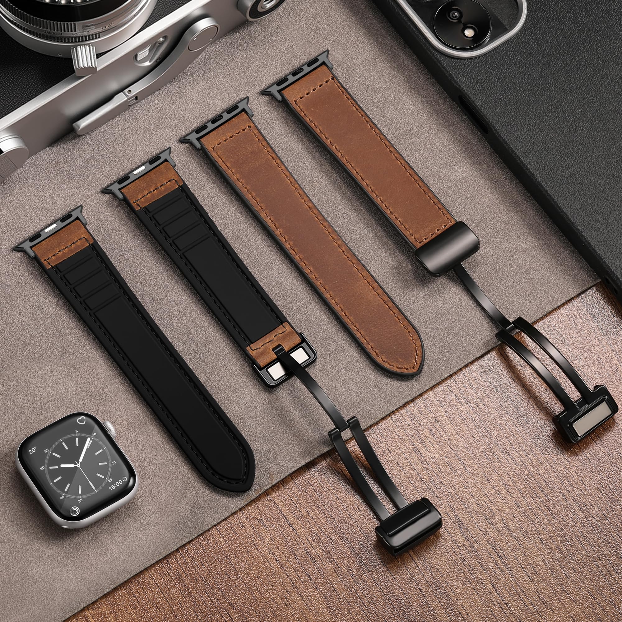 Charlam Magnetic Leather Bands Compatible with Apple Watch Bands 49mm 46mm 45mm 44mm 42mm 41mm 40mm 38mm Men Women,Genuine Leather Straps for iWatch Bands Ultra 3/2/1 SE Series 11 10 9 8 7 6 5 4 3 2 1 — view 9