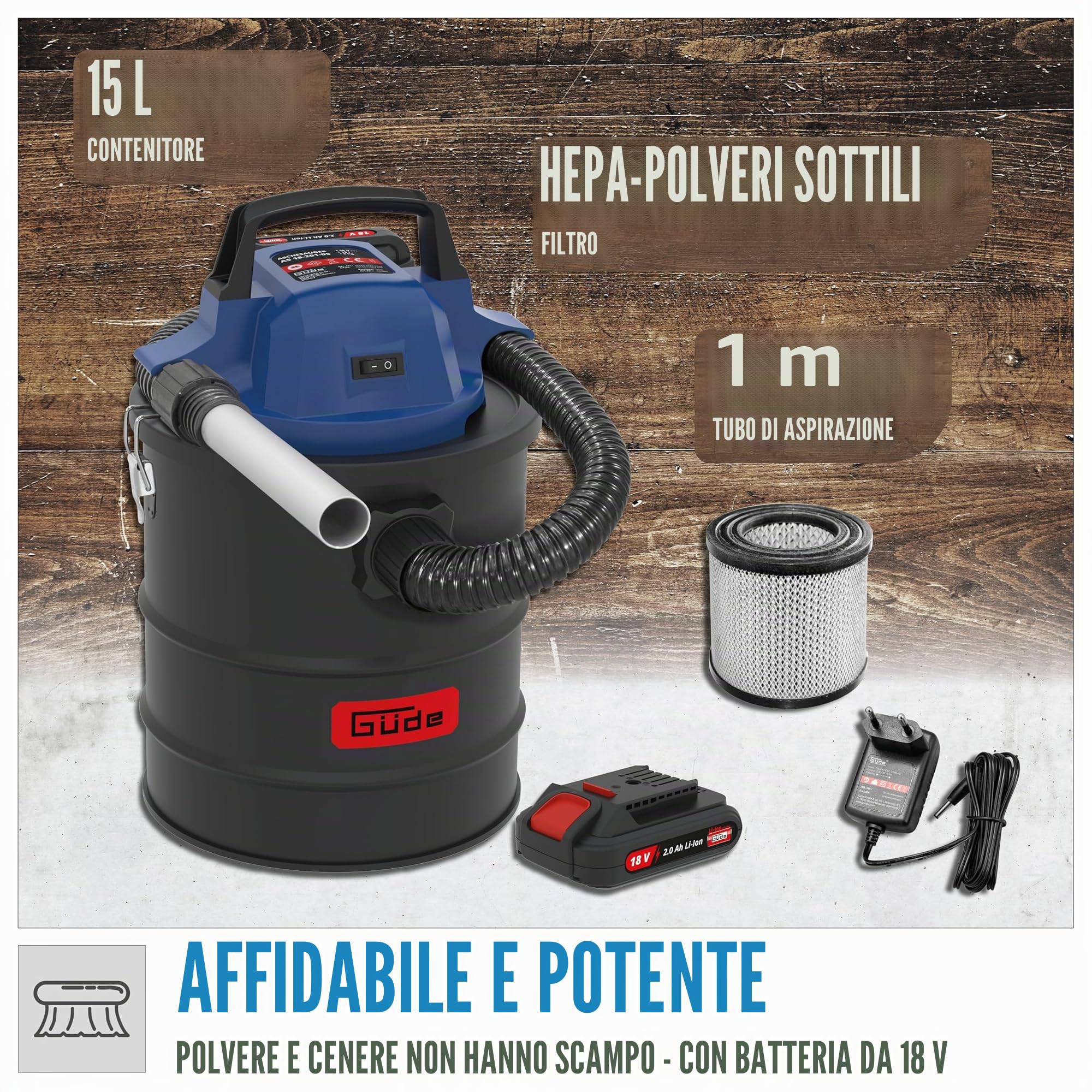 Güde 58580 aspiracenere a batteria AS 18-201-05 (18 V, massima pressione negativa: 80 mbar, lunghezza tubo: 1 m, volume contenitore: 15 l, diametro tubo: 30 mm, con filtro HEPA e batteria da 2,0 Ah