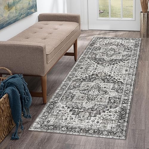 ROYHOME Alfombra de pasillo de 2 x 6 pies, estilo vintage, envejecida, suave, lavable, antideslizante, tradicional con medallón para dormitorio,