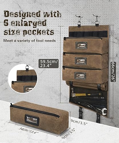 Miniatura 4 de Bolsa de herramientas enrollable de lona encerada al óleo vintage, 25 bolsillos con 5 bolsas grandes desmontables+1 rollo de herramientas, ventana