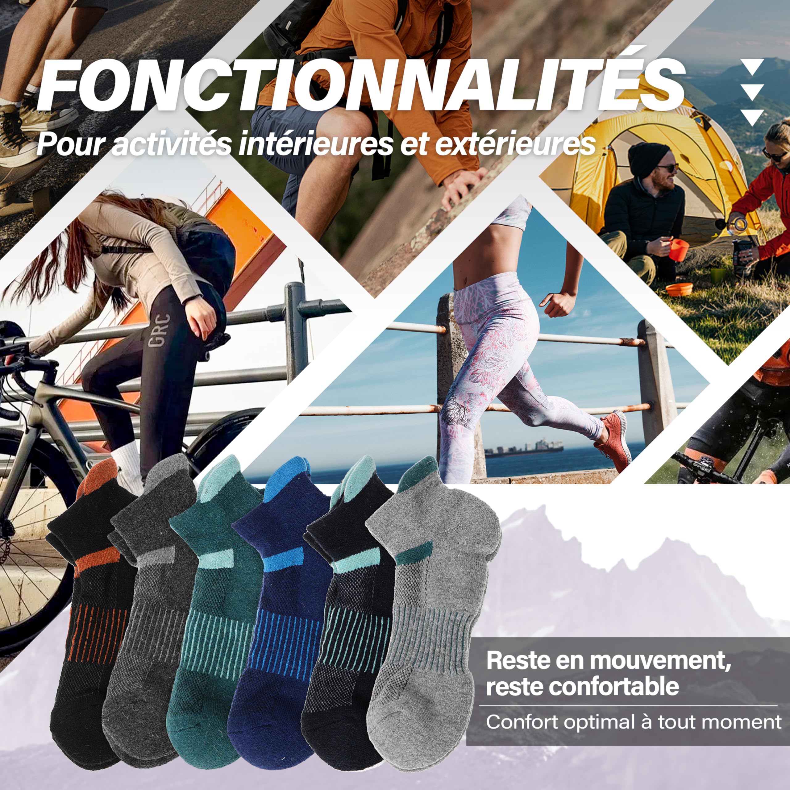MOSEY KOSY Chaussettes de randonnée courtes en laine mérinos chaudes compressives et thermiques pour homme et femme 6 paires