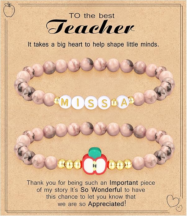 Teacher Appreciation Gifts for Women,Teacher Must Haves Initial Bracelet Mrs Miss End of Year Teacher Gifts Thank You for Helping Me Grow Music Math Science Teachers Bracelets Retirement 2 Set Jewelry