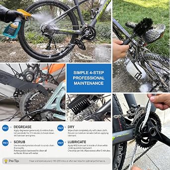 Bike Chain Lubricant and Cleaner Set - WS2 Wax Coating, Degreaser 10oz, Lubricant 4oz with Scrubber Brush Tool - Complete Bike Chain Care Set