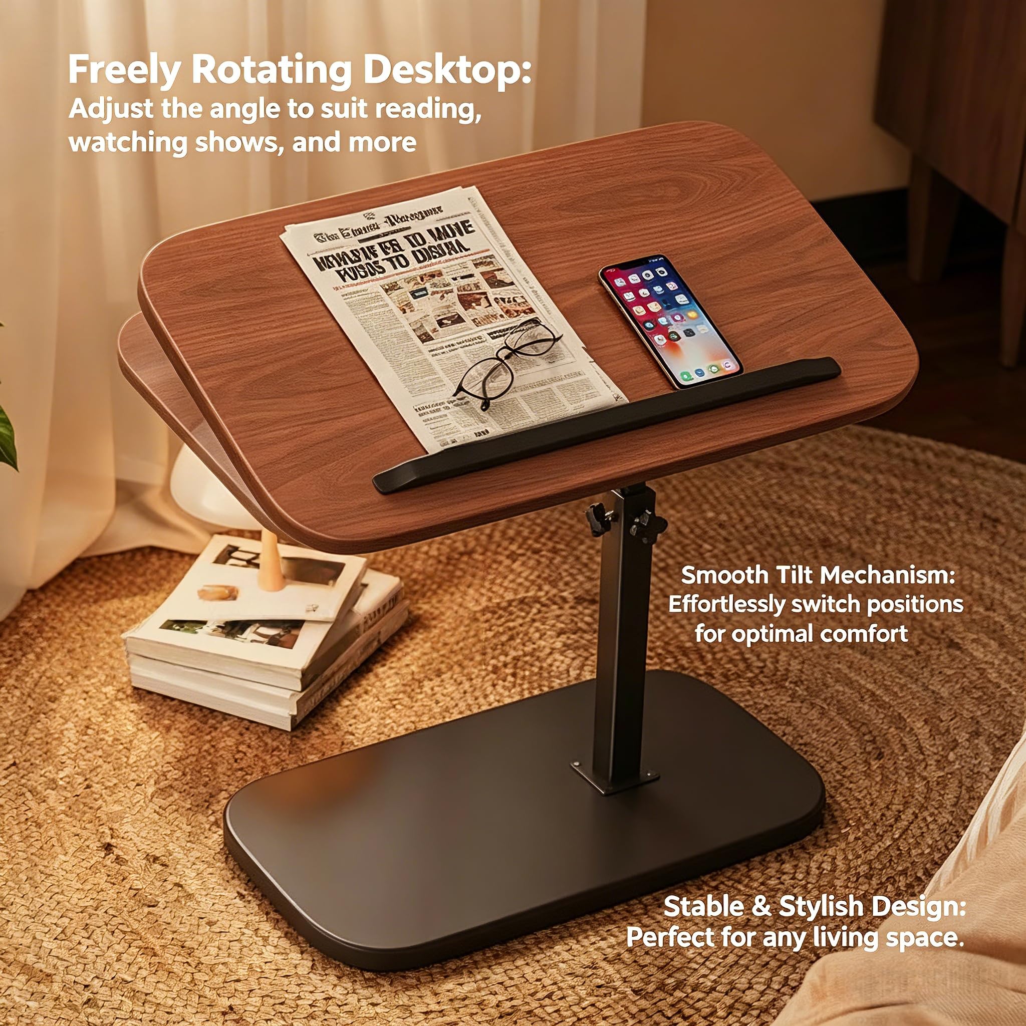 Tavolino a forma di C regolabile in altezza (legno) | Tavolo per laptop girevole a 360°, inclinabile, per divano e letto, altezza regolabile da 45 a 80 cm, con barra antiscivolo