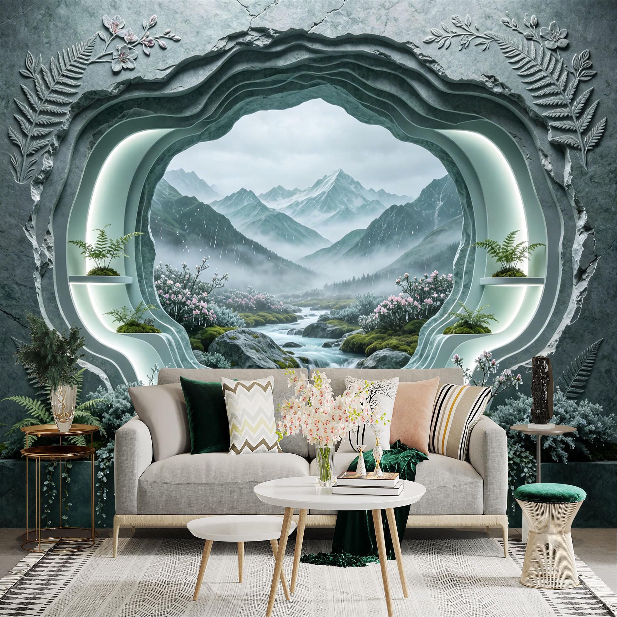 Custom Size Wall Sticker Mural， Mountain Stream with Floral Garden and Misty Valley View， for wall Decoration， peelandstick wall Decals.
