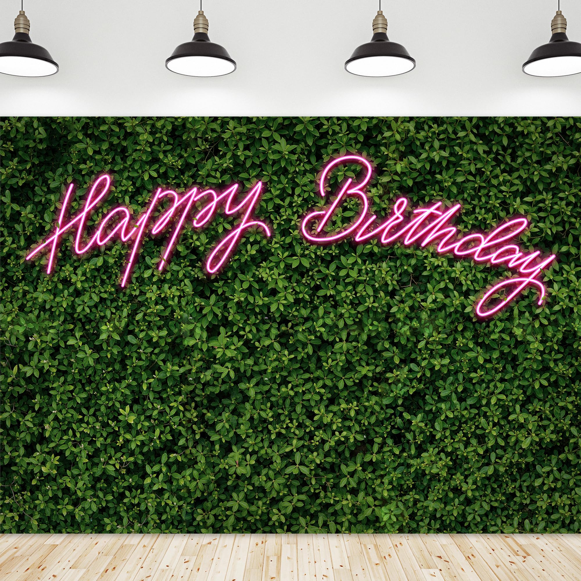 Riyidecor Neon Happy Birthday Backdrop Polyester Fabric Green Grass Leaf Rustic Spring Leaves Plant 8Wx6H Feet Pink Nature for Woman Photography Background Birthday Photo Studio Shoot