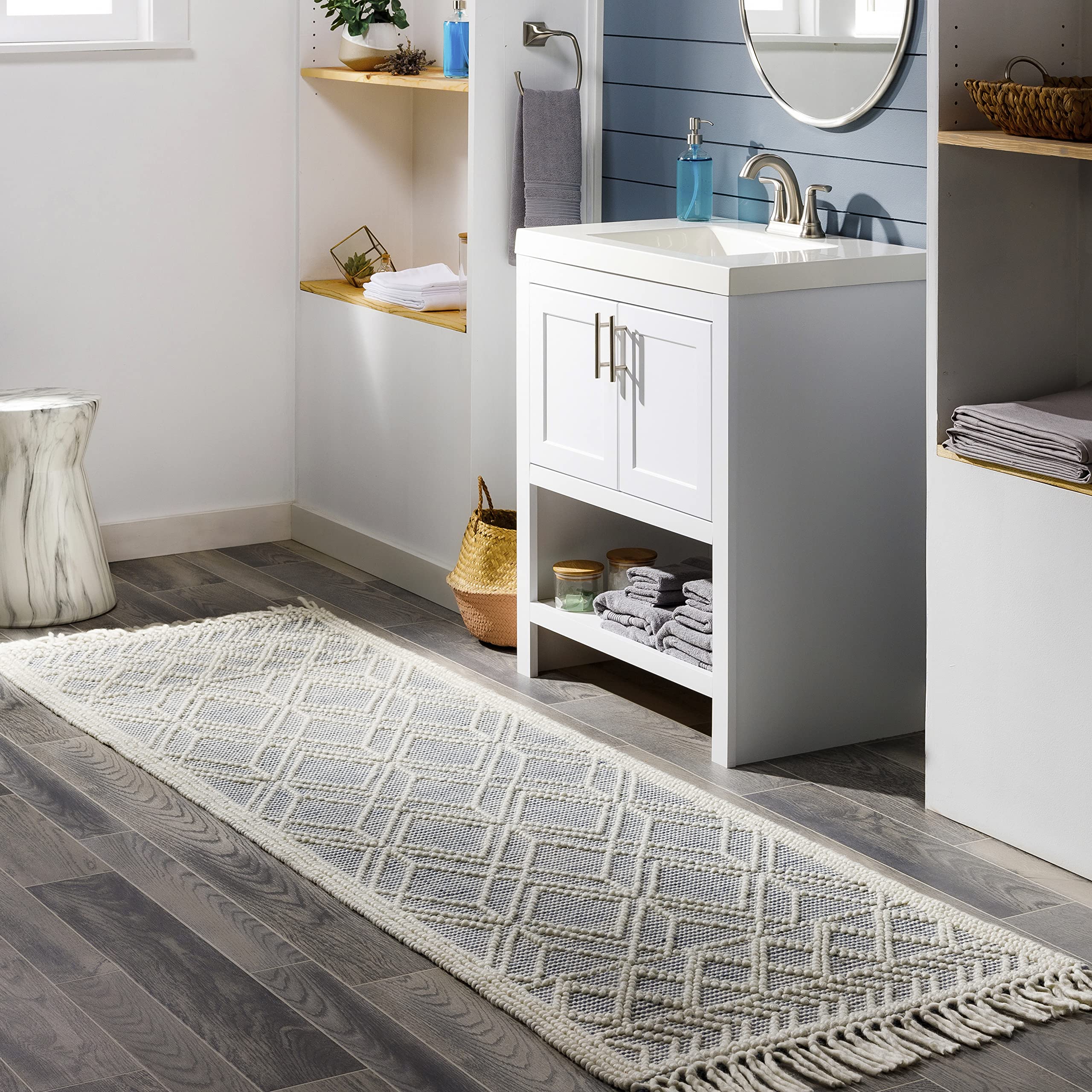 Mark&Day Wool Rugs, 2x8 Staveley Cottage Denim Runner Area Rug, Grey White Ivory Carpet for Hallway, Kitchen, Bedroom or Living Room (2'6