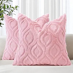 decorUhome Throw Pillow Covers 22x22 Inch Set of 2, Soft Plush Decorative Faux Fur Light Pink Solid Couch Pillow Covers, Accent Farmhouse Neutral Square Euro Pillow Cases for Sofa Bed Living Room