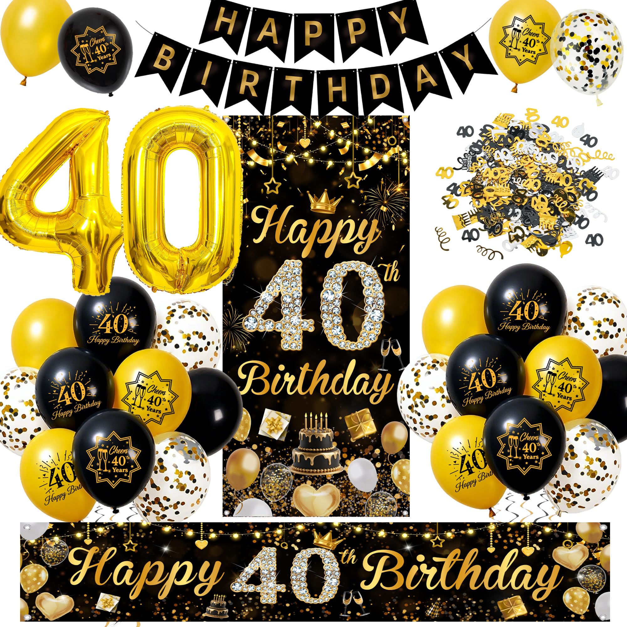 Happy 40th Birthday Decorations Set, Black Gold Party Balloons Decor Set