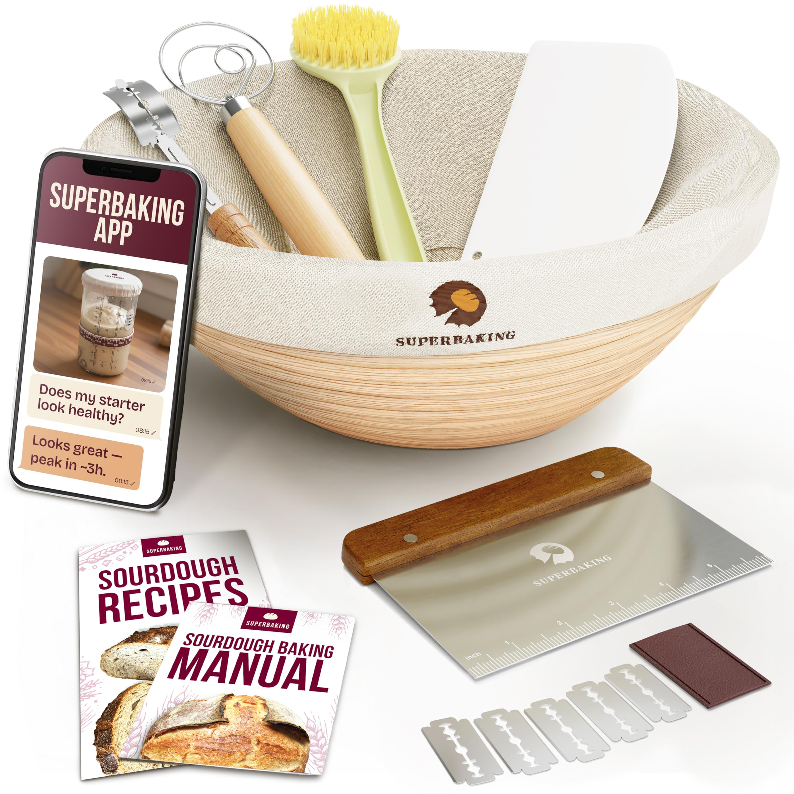 Superbaking Banneton Bread Proofing Basket, Sourdough Bread Baking Supplies, Round 9 Inch Sourdough Starter Kit, Proofing Basket for Baking, Bread Making Supplies Tools, Banneton Basket Gift Set