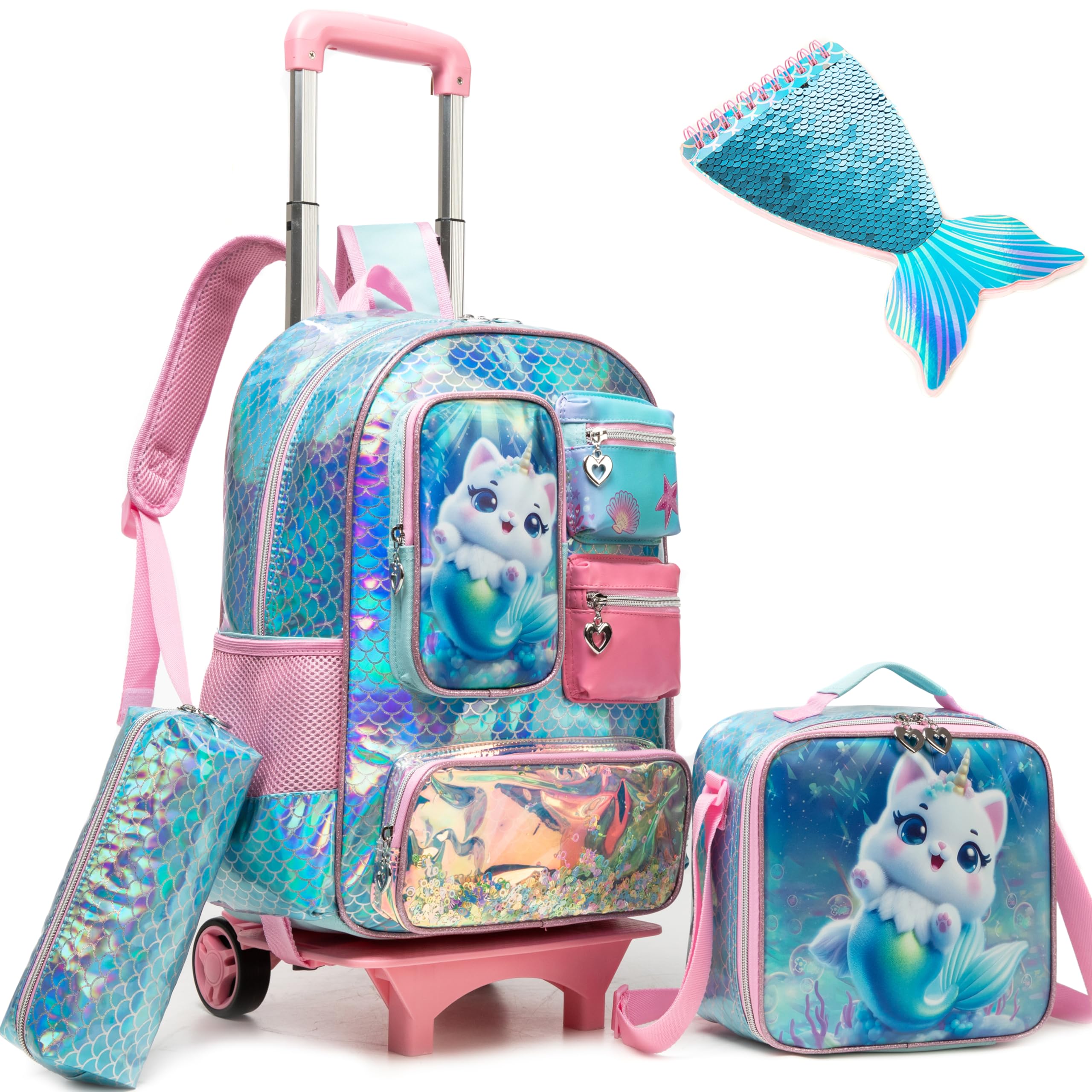 Meetbelify Cute Cat Rolling Backpack for Girls Backpack with Wheels for Elementary Student Kids School Bag with Lunch Box Pencil Case for Girls Ages 6