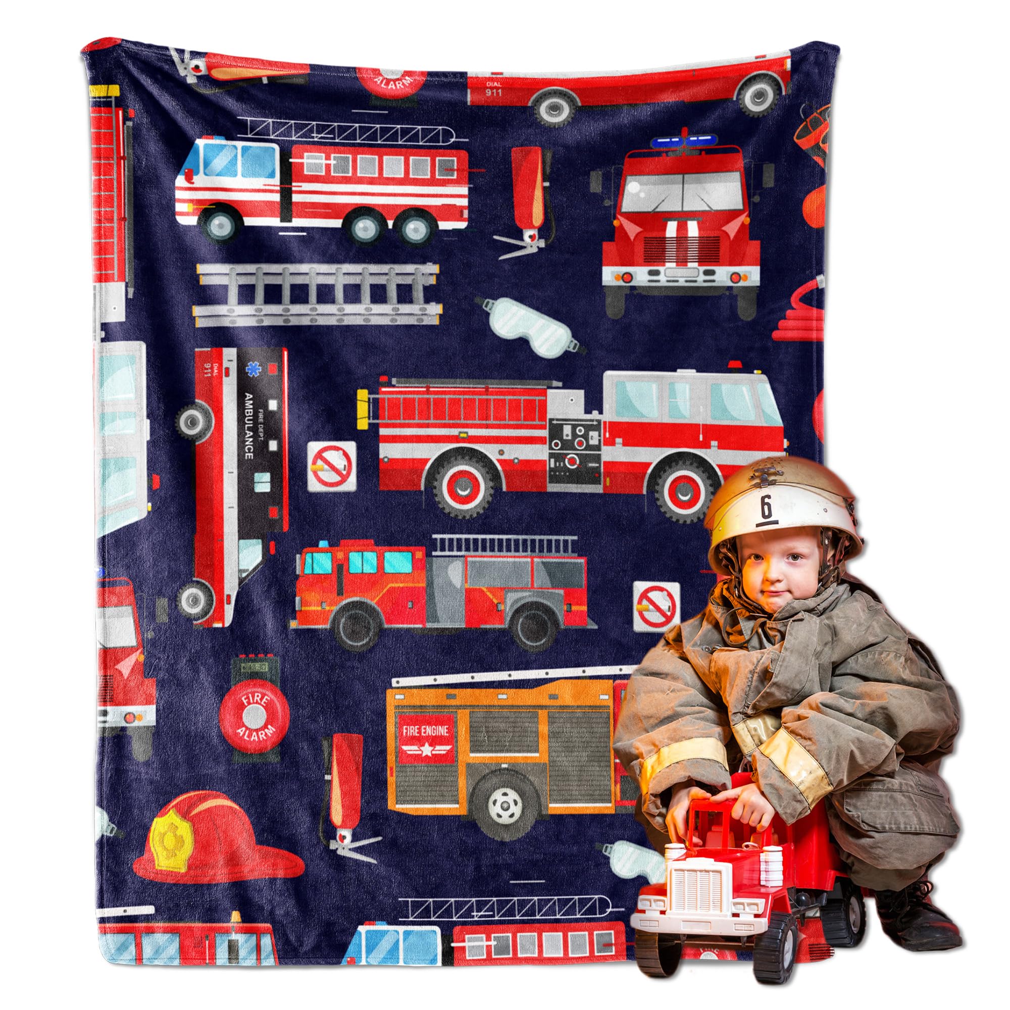 Fire Truck Blanket for Boys, Fire Truck Throw Blanket for Kids, Blue Firefighter for Teens, Soft Lightweight Flannel Truck Car Blankets for Teen Men Birthday Gifts Sofa Couch Bed Decor 40x30In