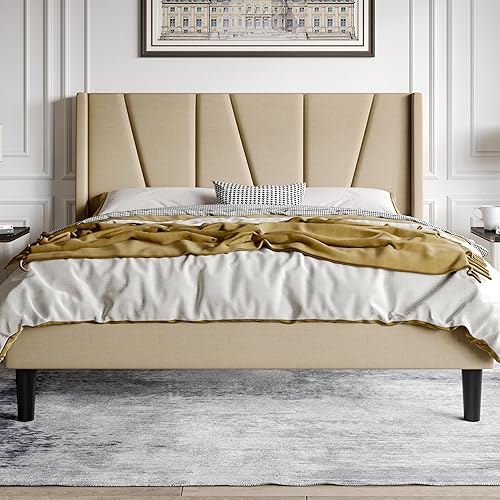 Miniatura 8 de HOOMIC Base de cama tapizada de tamaño matrimonial con cabecera geométrica moderna con respaldo de ala, listones de madera, no necesita somier, base