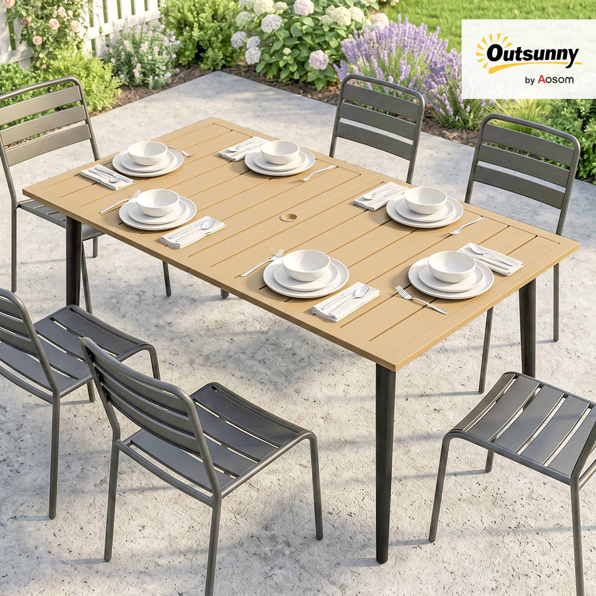 Outsunny Gartentisch 150x90cm Wetterfest Balkontisch mit Schirmloch Braun | Aus Stahl, Lamellendesign, Outdoor Campingtisch, Beistelltisch, Rechteckig, Terrassentisch für Garten Balkon