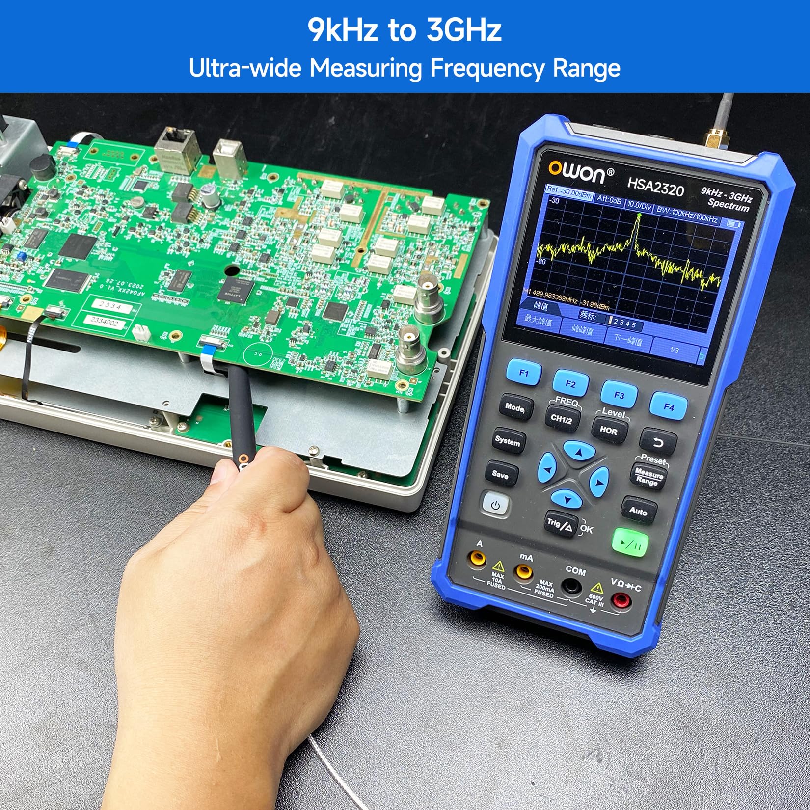 OWON Handheld-Spektrumanalysator mit Oszilloskop und Multimetern, Frequenzbereich 9 kHz bis 3 GHz, mit 3,5-Zoll-LCD-Bildschirmanzeige, 200 MHz Bandbreite, HSA2320