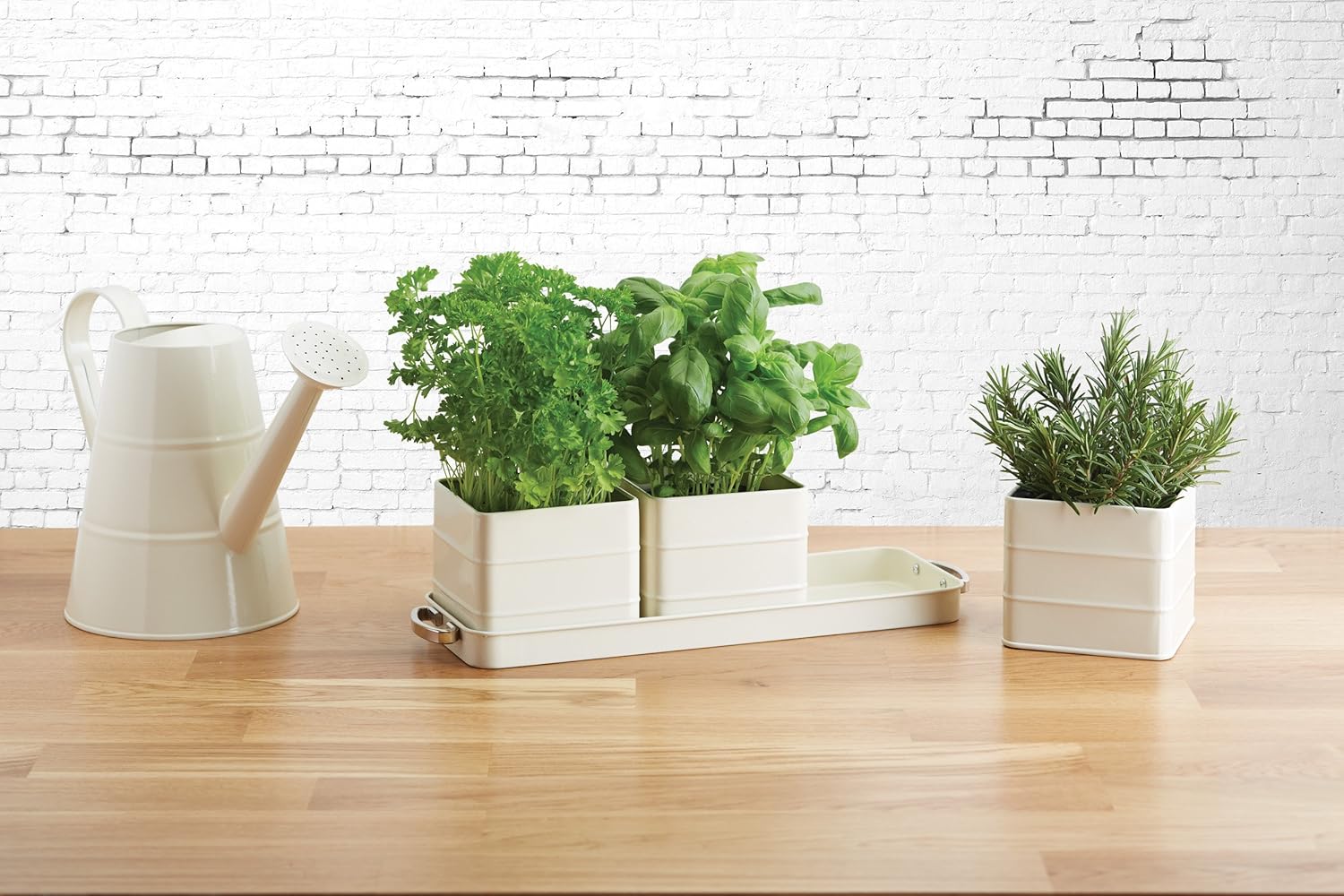 KitchenCraft Living Nostalgia Indoor Metal Herb Pots and Tray Set, Vintage Inspired Mini Herb Garden, 39 x 12 x 1 cm - Antique Cream