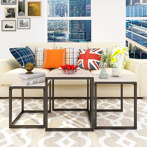 Miniatura 4 de Juego de 3 mesas auxiliares, mesa auxiliar moderna apilable con marco de metal, roble Roble,Gris,Negro -,Marrón