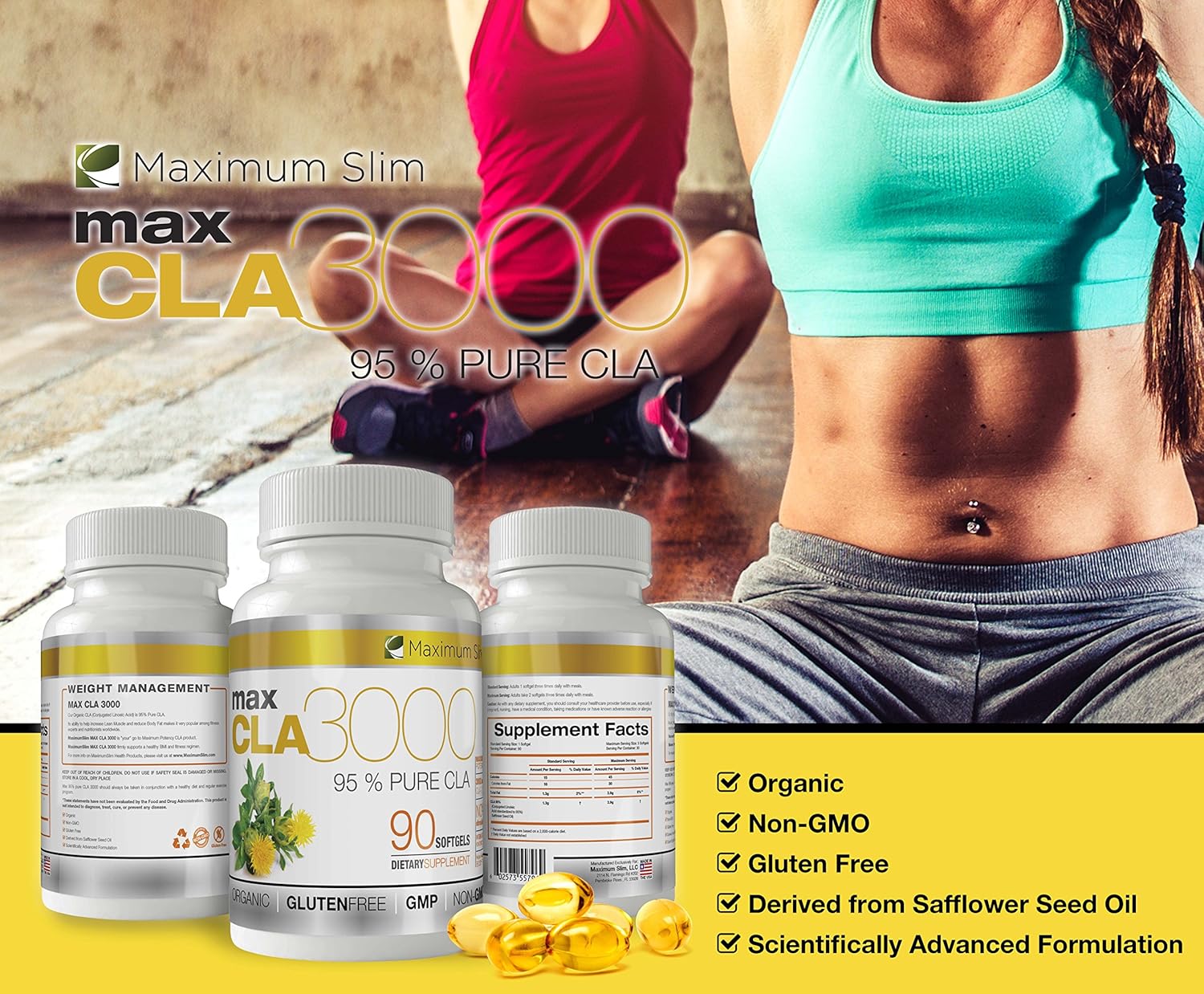 MAX CLA 3000, High Potency, Natural Weight Loss Exercise Enhancement, Increase Lean Muscle Mass, Non-Stimulating, Non-GMO 95% Pure CLA, 90 Count : Health & Household